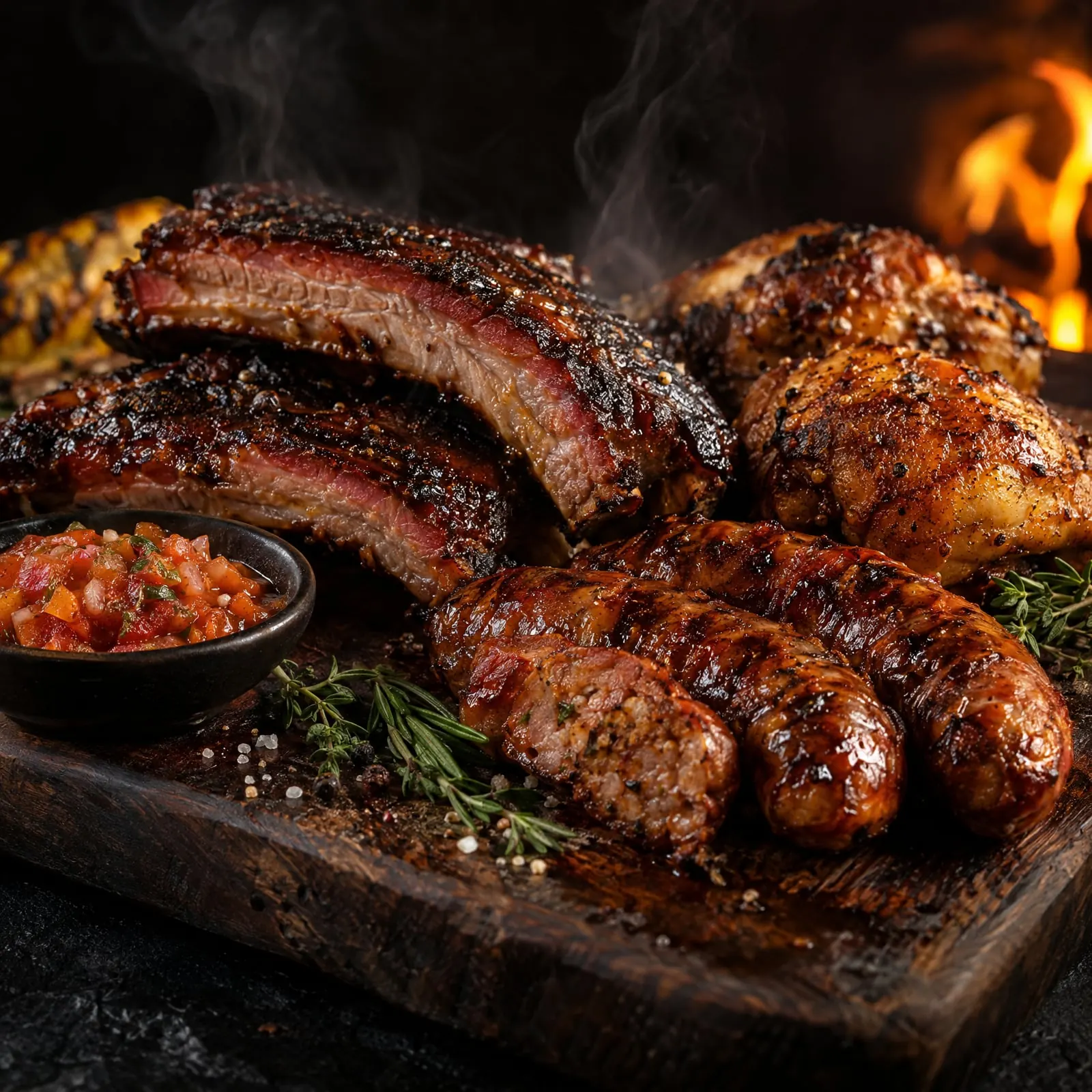 Costillas, pollo y chorizos ahumados sobre una tabla de madera