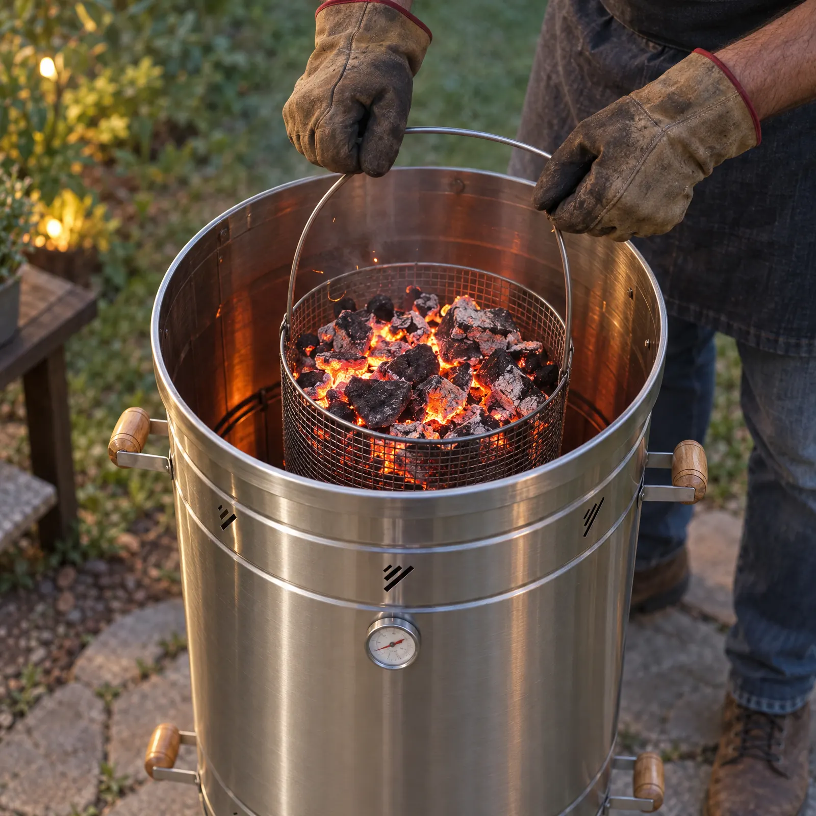 Gloved hands lowering the charcoal basket with lit charcoal into the barrel smoker